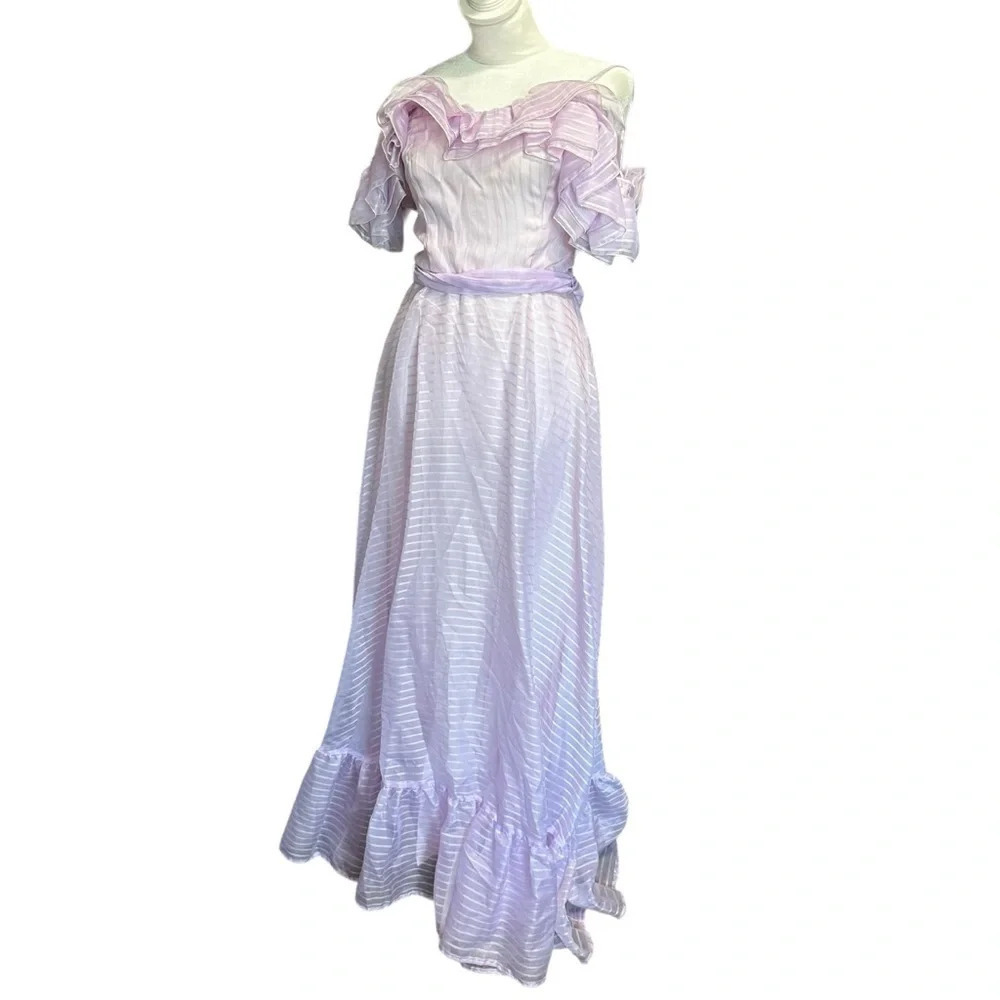 Vintage 1980s XS Purple Striped Off Shoulder Ruffle Maxi Formal Dress size 5/6